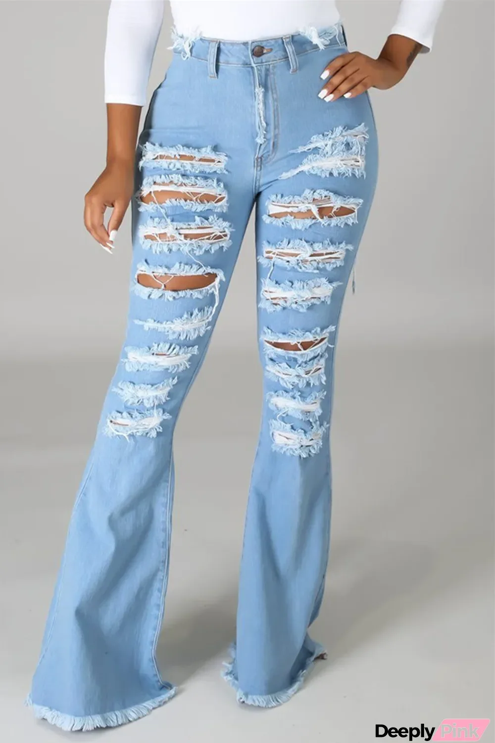 Baby Blue Fashion Casual Solid Ripped High Waist Boot Cut Jeans