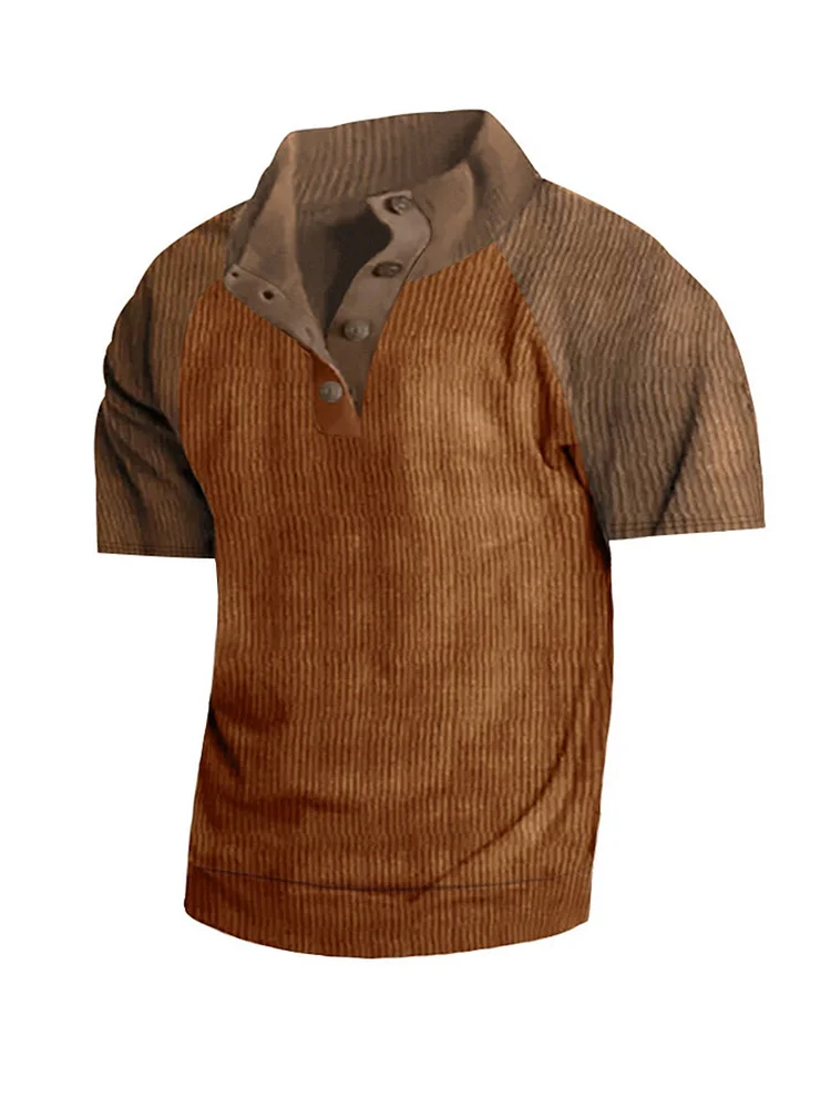 Men's Solid Color Contrast Casual Stand Collar Short Sleeve Pit Corduroy T-shirt