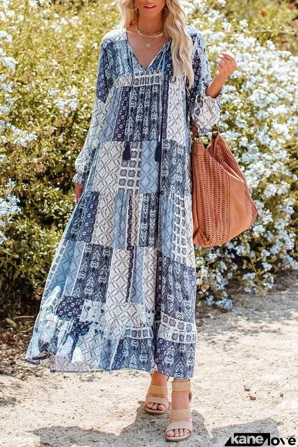 Plaid print loose V-neck dress