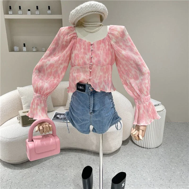 New Pleated Floral Print Chiffon Short Shirts Blouses Women Long Sleeve Korean Fashion Crop Top Slim Beach Holiday Blusas Mujer