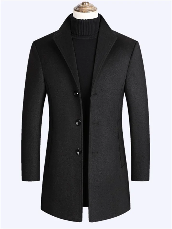Men's Winter Coat Wool Coat Overcoat Street Business Winter Woolen Thermal Warm Outerwear Clothing Apparel Casual Solid Color Pocket Stand Collar Single Breasted