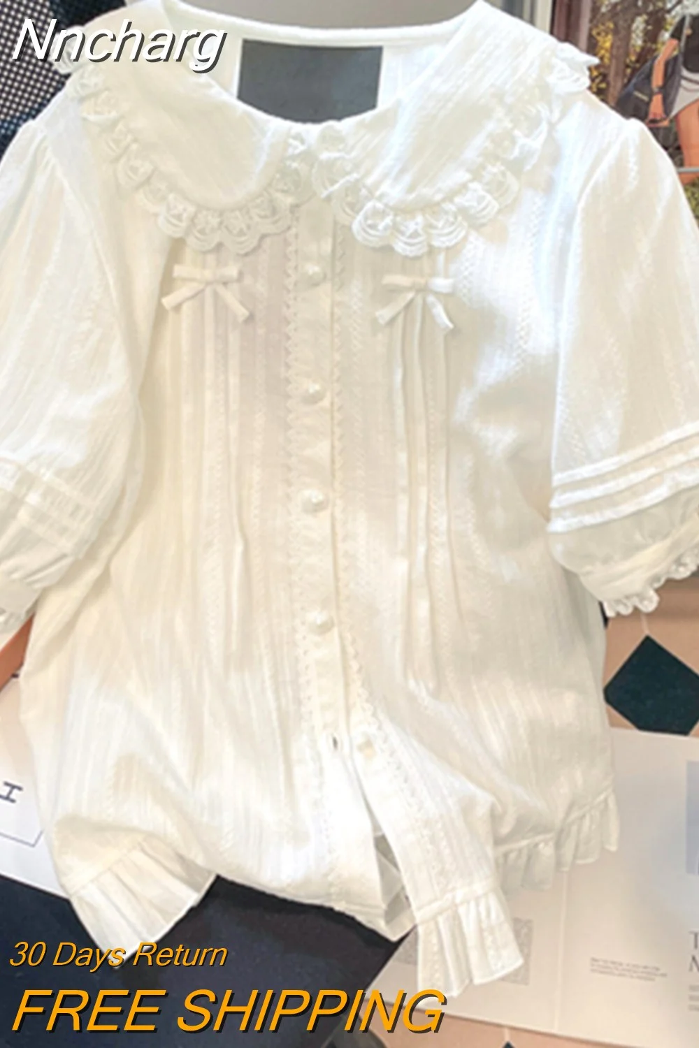 Nncharge Sleeve Lace Bow White Shirts Sweet Japan Style Chemises Femme Peter Pan Collar Harajuku Women Y2k Jk Bottoming Camisas