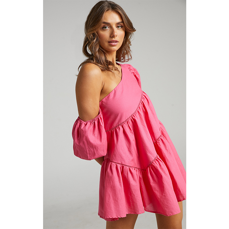  Asymmetrical Trim Puff Sleeve Mini Dress