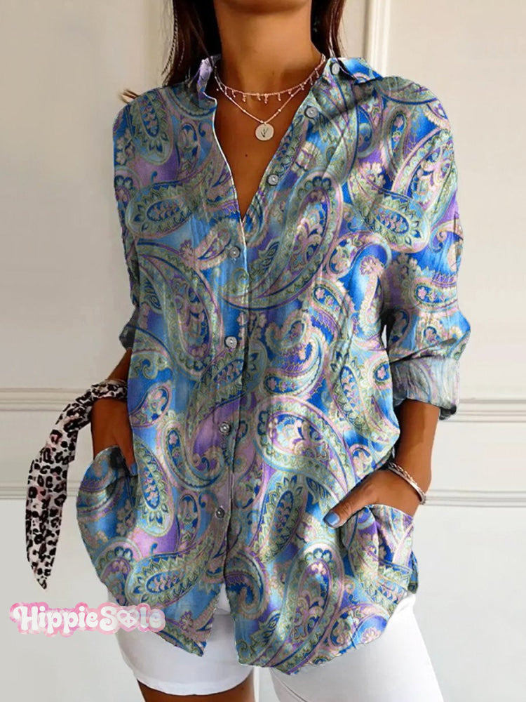 Women’s Paisley Floral Art Print Casual Cotton Shirt Multicolor / S