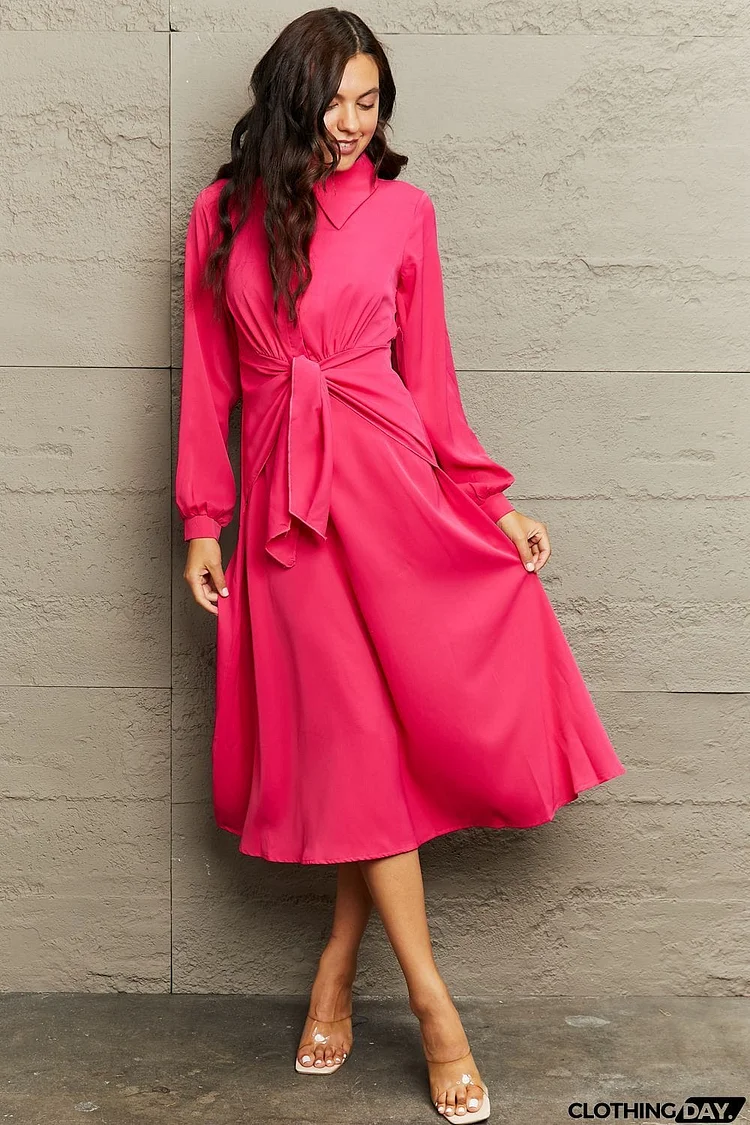 Collared Neck Long Sleeve Twisted Midi Dress