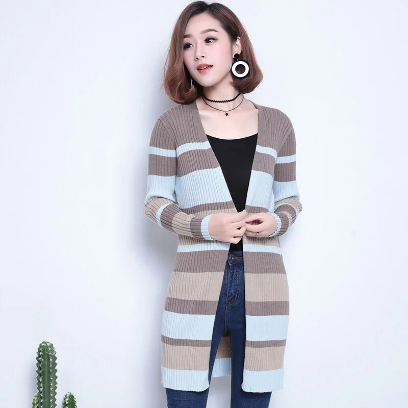 Fashion Autumn Cardigans Women Slim Long Sleeve Striped Printed Cardigan Long Casual Knitted Sweater Outerwear