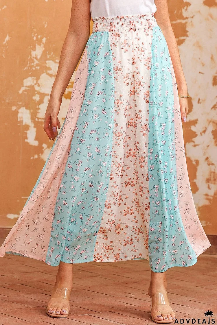 Floral Color Block Smocked Waist Maxi Skirt