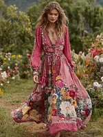 Women's Vintage Floral Art Print V-neck Long Sleeve Maxi Dress