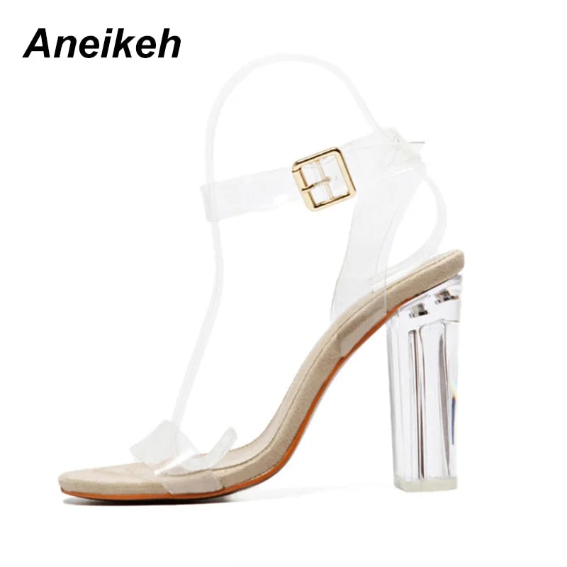 Aneikeh NEW 2022 Summer Women Sandals Size 41 42 Transparent PVC High Heels Shoes Ankle Strap Gladiator Sandals Women Dress Shoe