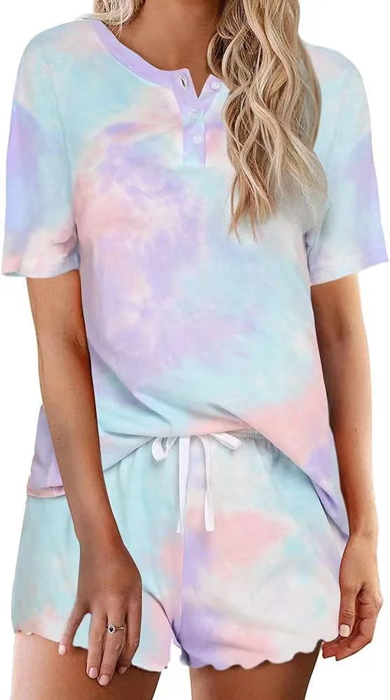 Women's Tie Dye Lace Elastic Waist V- Neck Short Sleeve Pajama Sets  