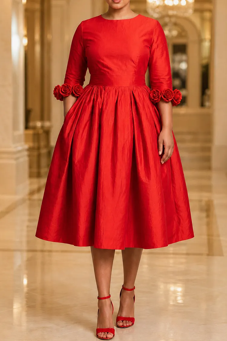 Xpluswear Design Plus Size Christmas Red Round Neck 3/4 Sleeve 3D Pocket Satin Midi Dresses Red-2XL/18-20