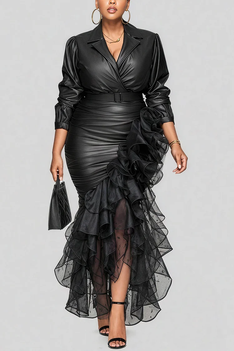 Xpluswear Design Plus Size Formal Tulle Black Turndown Collar Long Sleeve Ruffle Elegant Split PU Leather Midi Dresses [Pre-Order]