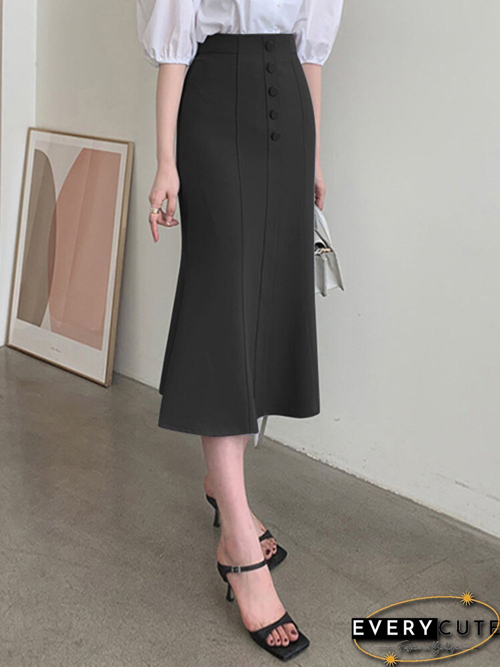 Women High Waist Solid Button Front Mermaid Skirt