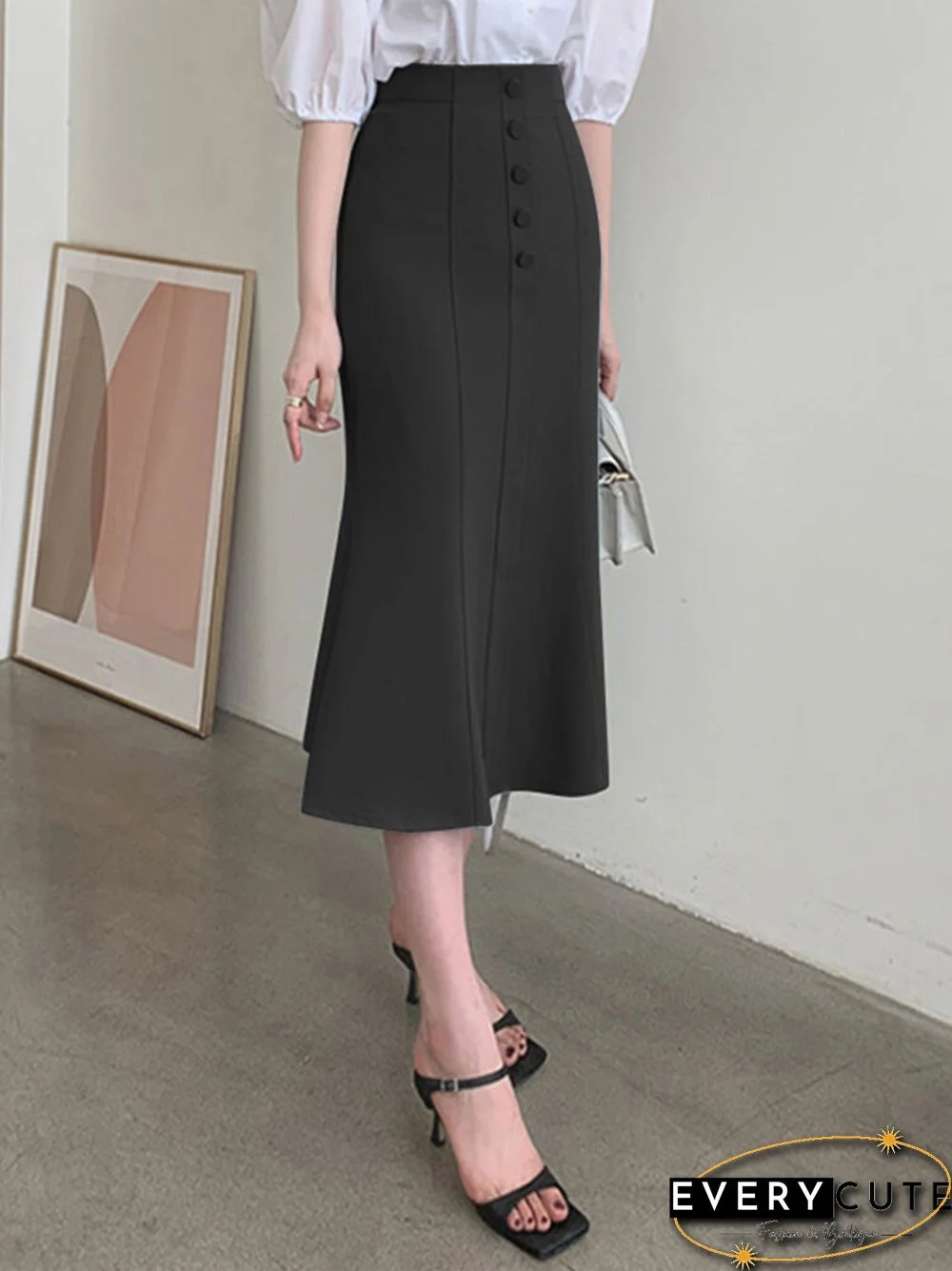 Women High Waist Solid Button Front Mermaid Skirt