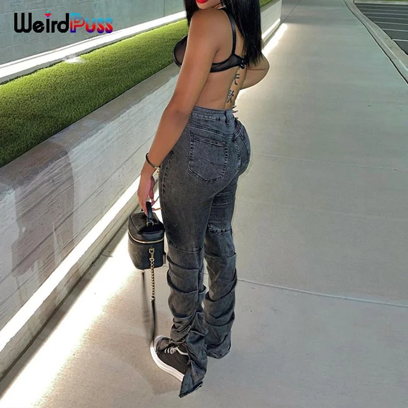 Weird Puss Y2K Stacked High Waist Jeans Women Cotton Split Skinny Denim Pants Autumn Trend Wild Street Casual Stretch Trousers