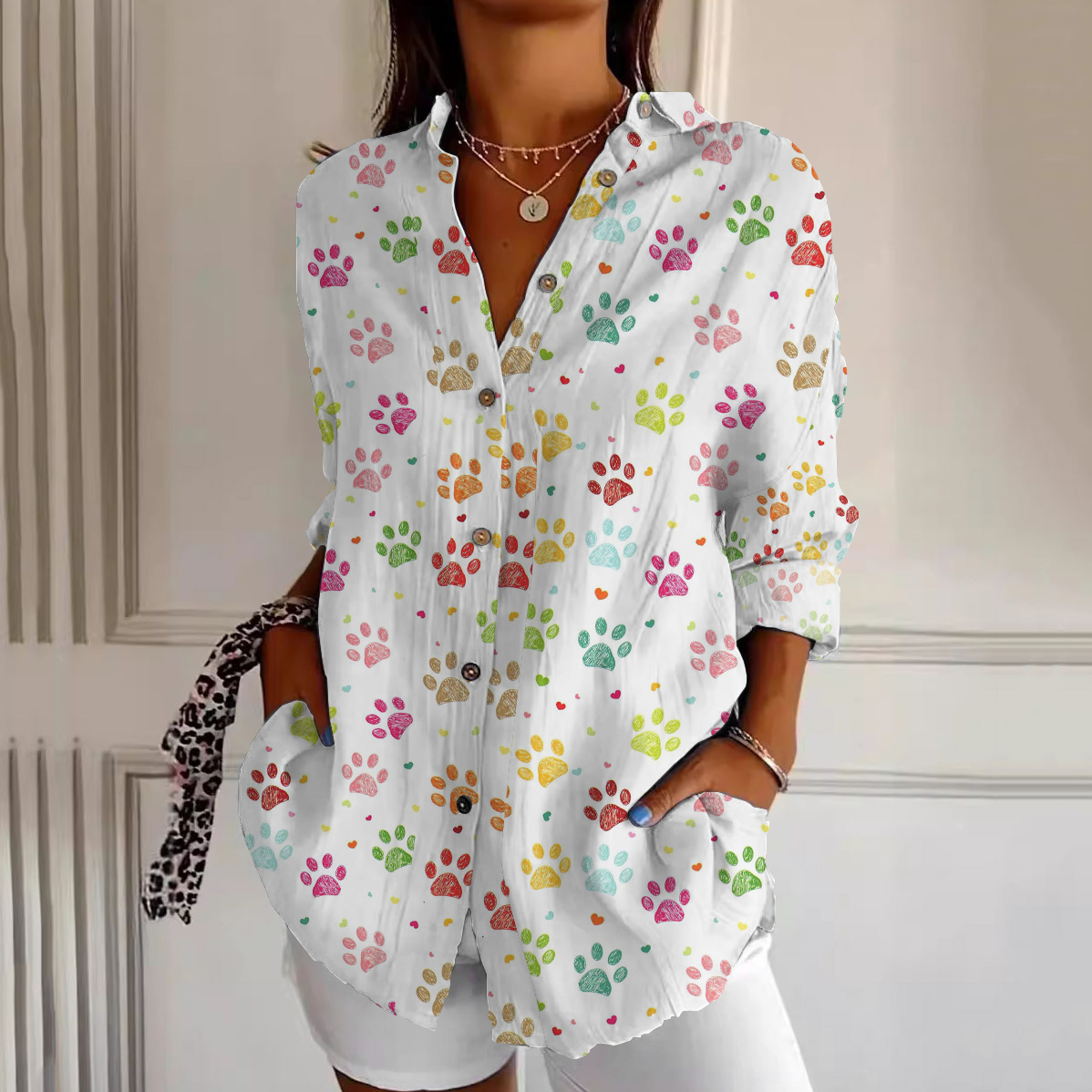 Comstylish Dog Paw Print Long Sleeve Casual Shirt