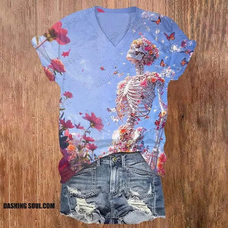 Floral Skull Under Blue Sky Halloween Print V-neck T-shirt