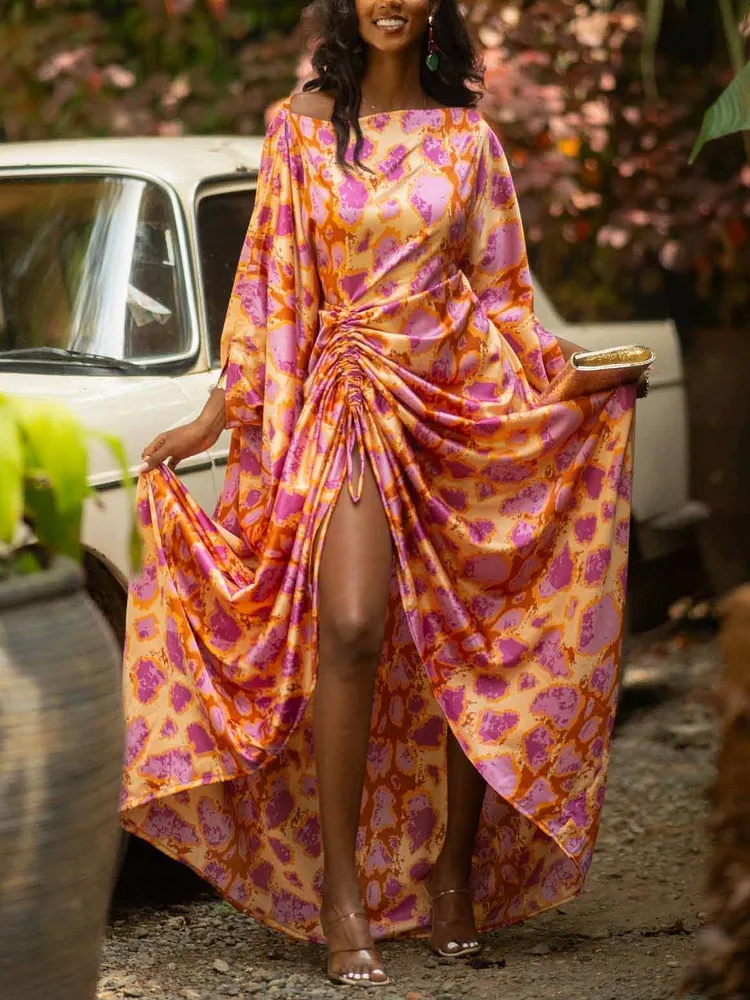Vibrant Abstract Print Ruched High-Slit Maxi Dress