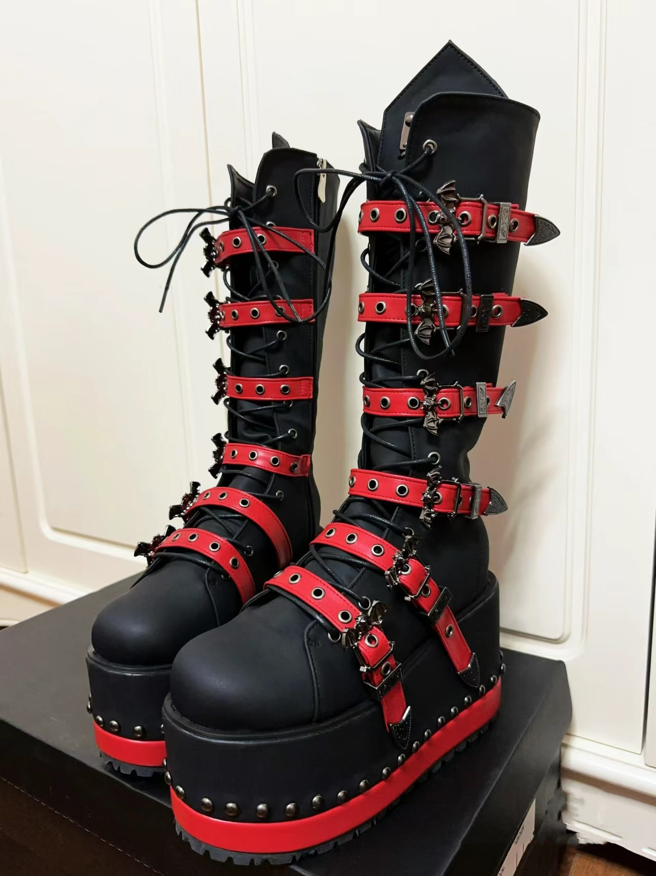 GOOSHOE Martin Motorcycle Boots High Thick Heels Pumps Cool Knight Boots Girl Punk Long Boots Shoes Chain 47