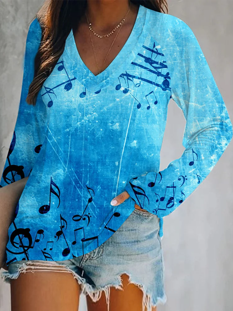 Musical Notes Inspired V Neck Long Sleeve T Shirt