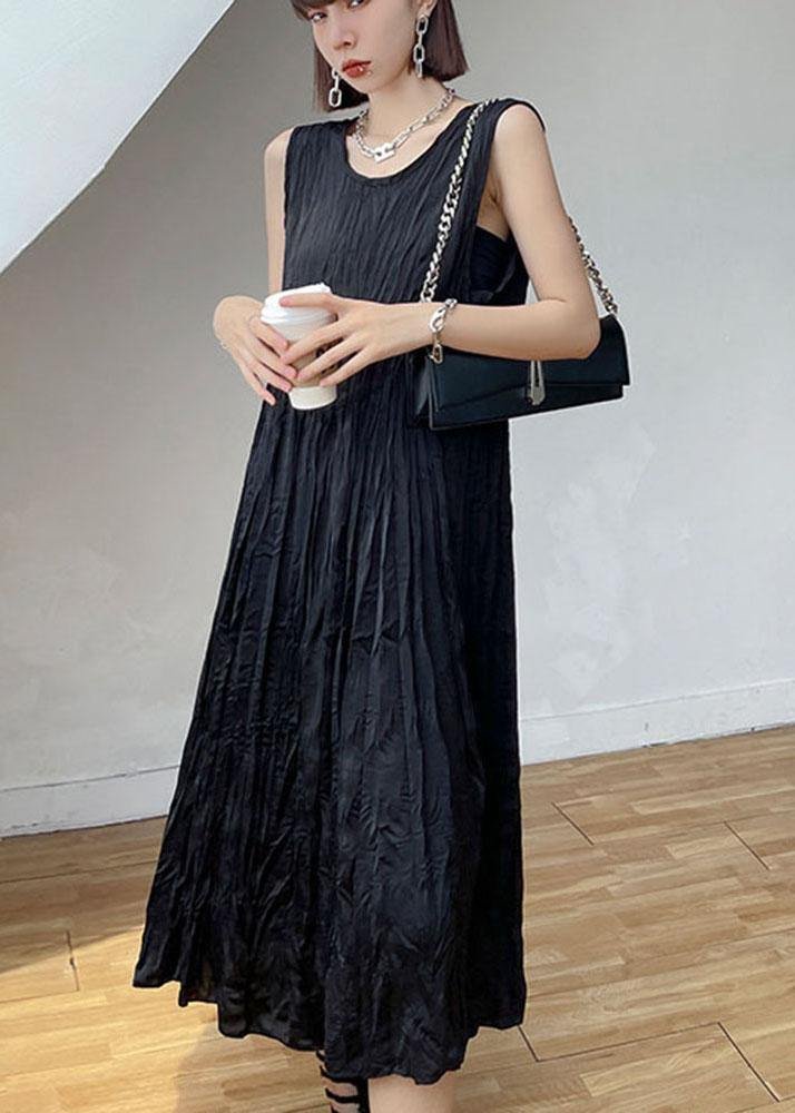 Natural Black Sleeveless Folds Maxi Dresses