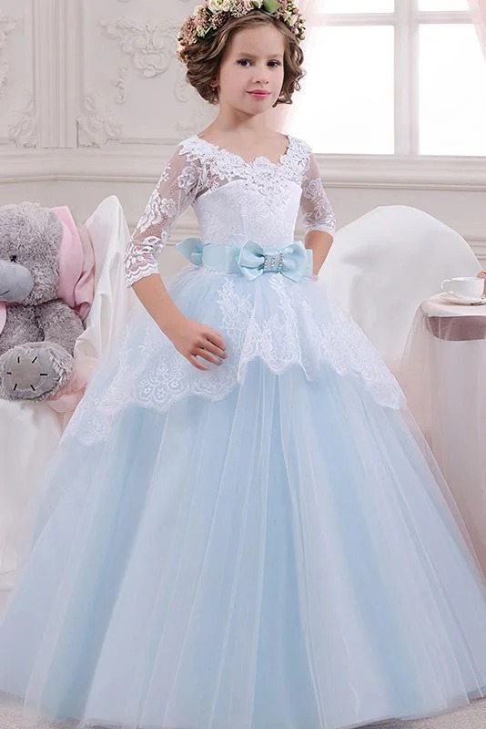Daisda Scoop Neck 3/4 Sleeves Ball Gown Flower Girls Dress with Lace 