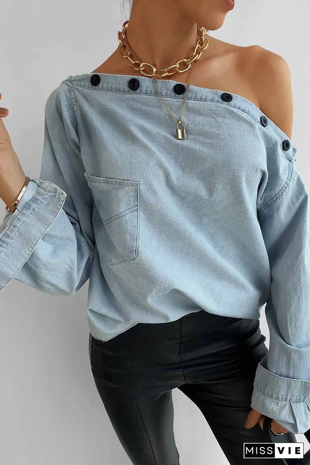 Spring Button-Neck Off-Shoulder Long-Sleeved Denim Shirt