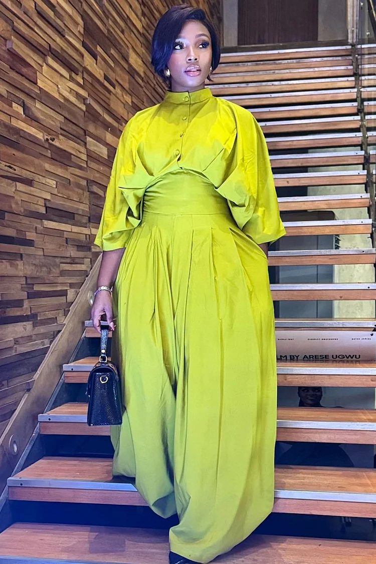 Bat-Wing Sleeve Blouse High-Rise Wide Leg Pants 2pcs Set-Green [Pre Order]