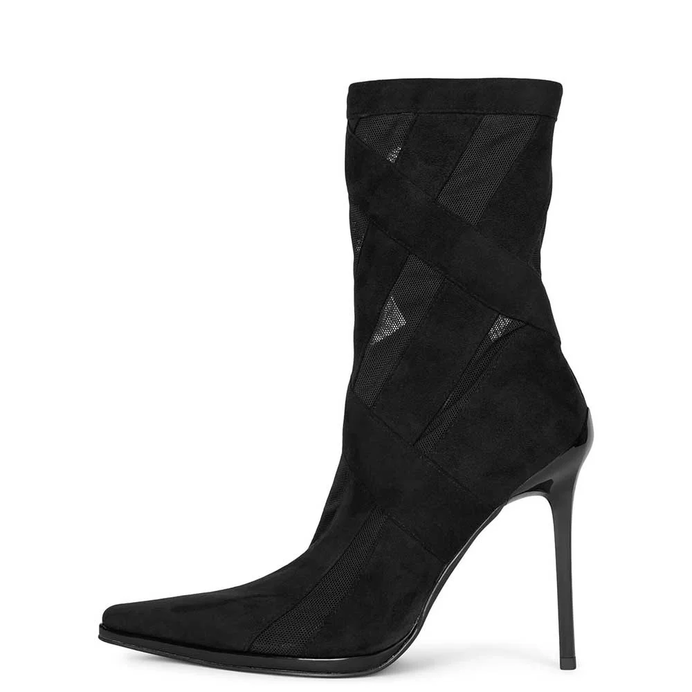 Black Faux Suede & Fabric Pointed Toe Mid-Calf Boots With Stiletto Heels Nicepairs