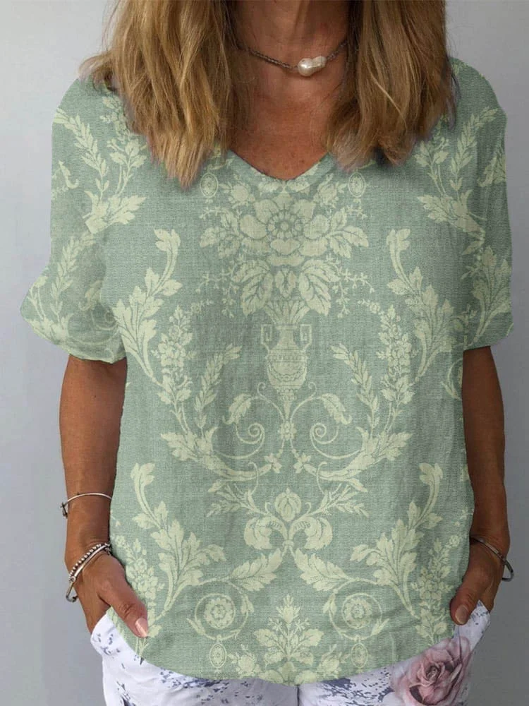 Women's Artistic Floral Pattern Cotton and Linen Short Sleeve Top