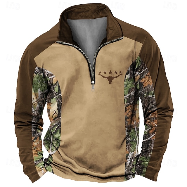 Men's Vintage Hunt 3D Print Deer Zip Polo Shirt Zip Outdoor Pullover