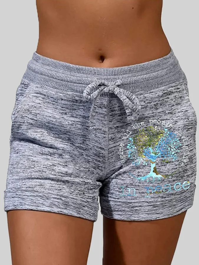Retro Imagine All The People Living Life In Peace Print Shorts