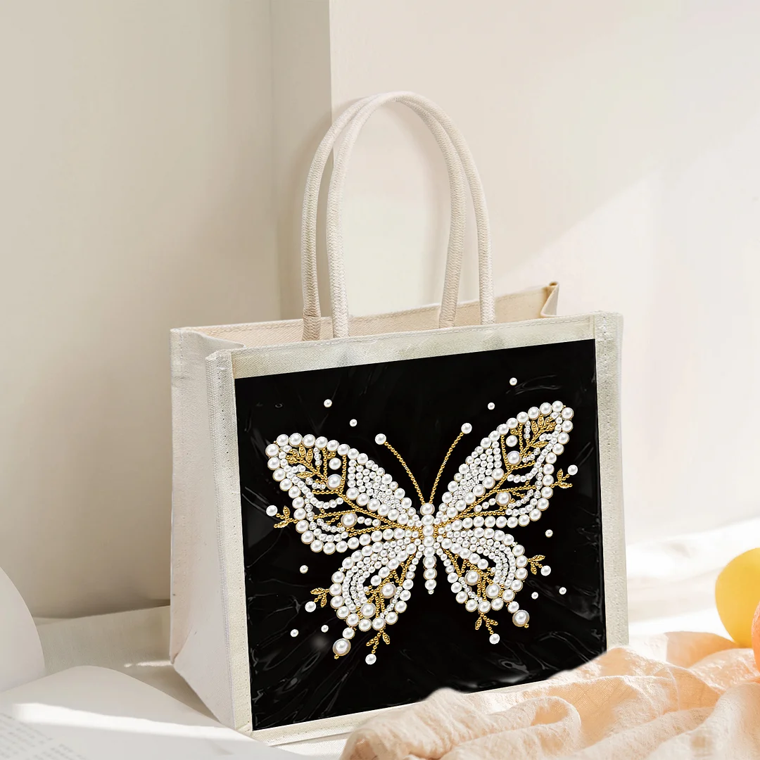 Pearl Butterfly DIY Diamond Painting Shopping Bag Crystal Painting Linen Tote Bags Waterproof Multi-Pocket Diamond Tote Handbag Large Capacity for Adults Beginners
