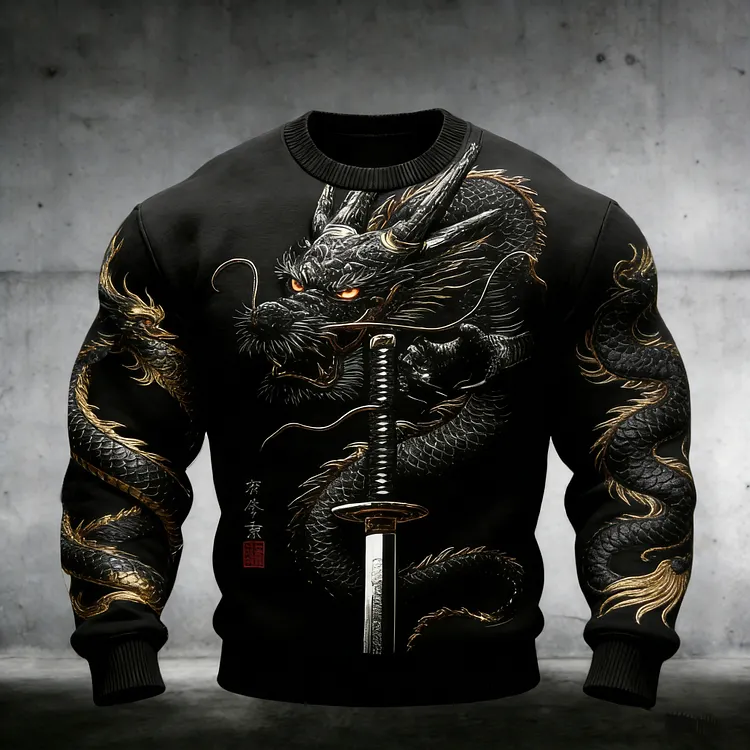 Men's Retro Dragon With Japanese Samurai Pattern Knit Sweater
