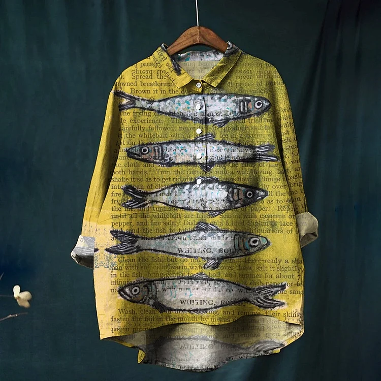 Women's Yellow Fish Print Casual Cotton And Linen Shirt