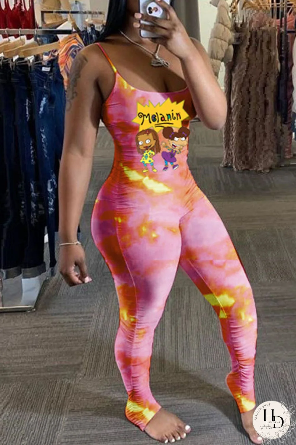 Rose Red Sexy Casual Print Tie Dye Fold Spaghetti Strap Skinny Jumpsuits