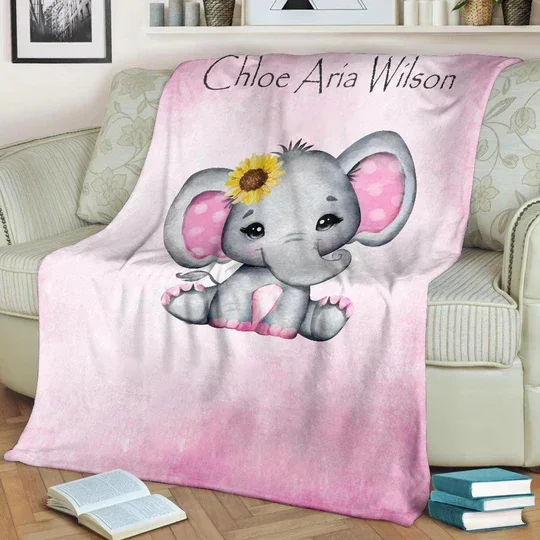 Personalized Pink Sunflower Elephant Blanket Custom Name Gifts For Baby Girl