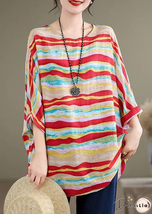 Women Red O Neck Striped Plus Size Cotton Blouse Tops Batwing Sleeve