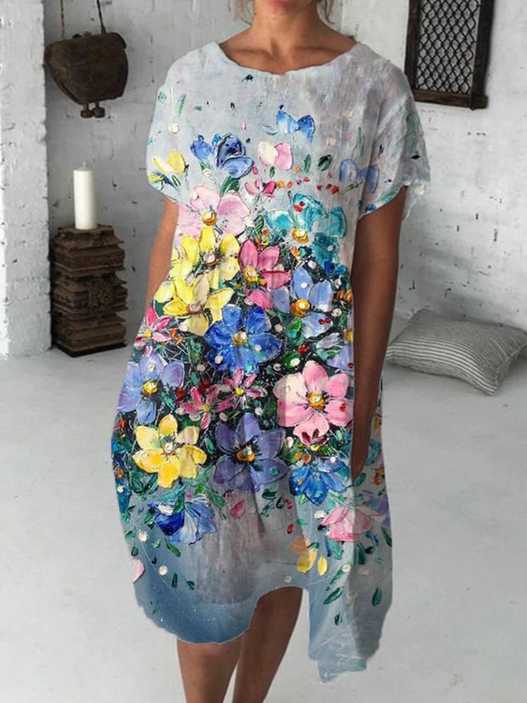 Artwishers Flowers Oil Painting Flowy Midi Dress