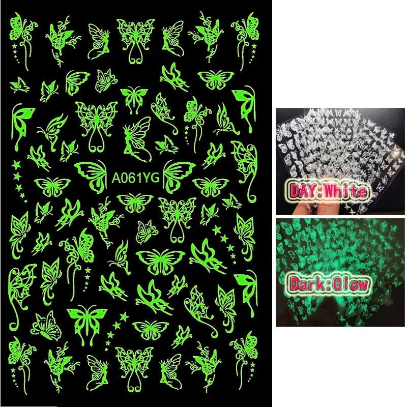 Luminous Fire Nail Art Stickers Glow In Dark Nail Decals Moon Butterfly Transfer Manicure Design Night Light Stickers-Nail Inspo