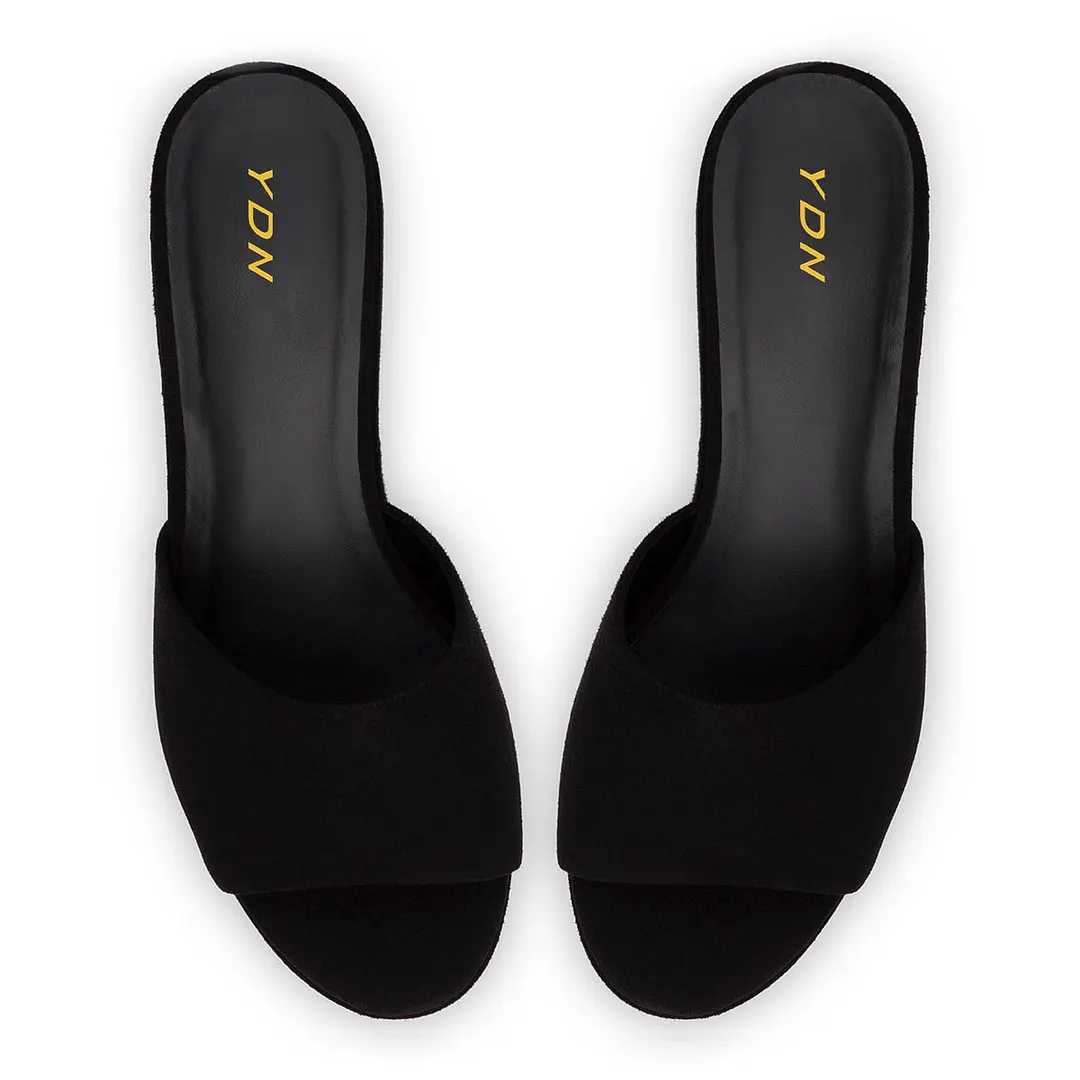 YDN Simple Black Vegan Suede Open Toe Platform Chunky Heeled Mules