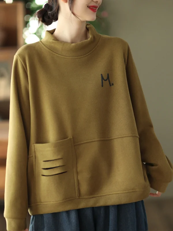 Simple Loose Long Sleeves Velvet Solid Color High-Neck Sweatshirt Tops