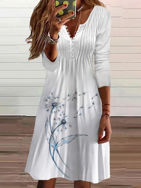 Women Casual Autumn Dandelion V neck Natural Loose Long Sleeve T-Shirt Dress A-Line Dress