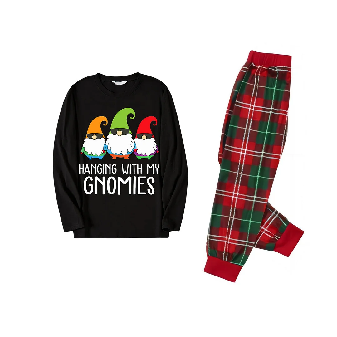 Three Santas "HANGING WITH MY GNOMIES" Monogram Print Black Long Sleeves Top with Classic Red and Green Plaid Pants Family Matching Pajamas
