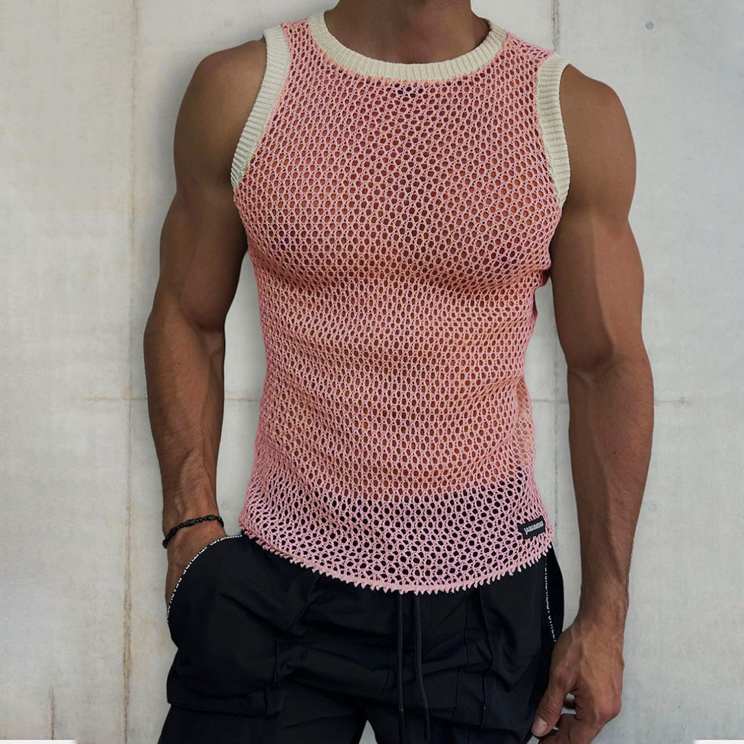 Men's Sheer Mesh Plain Color Sleeveless Top
