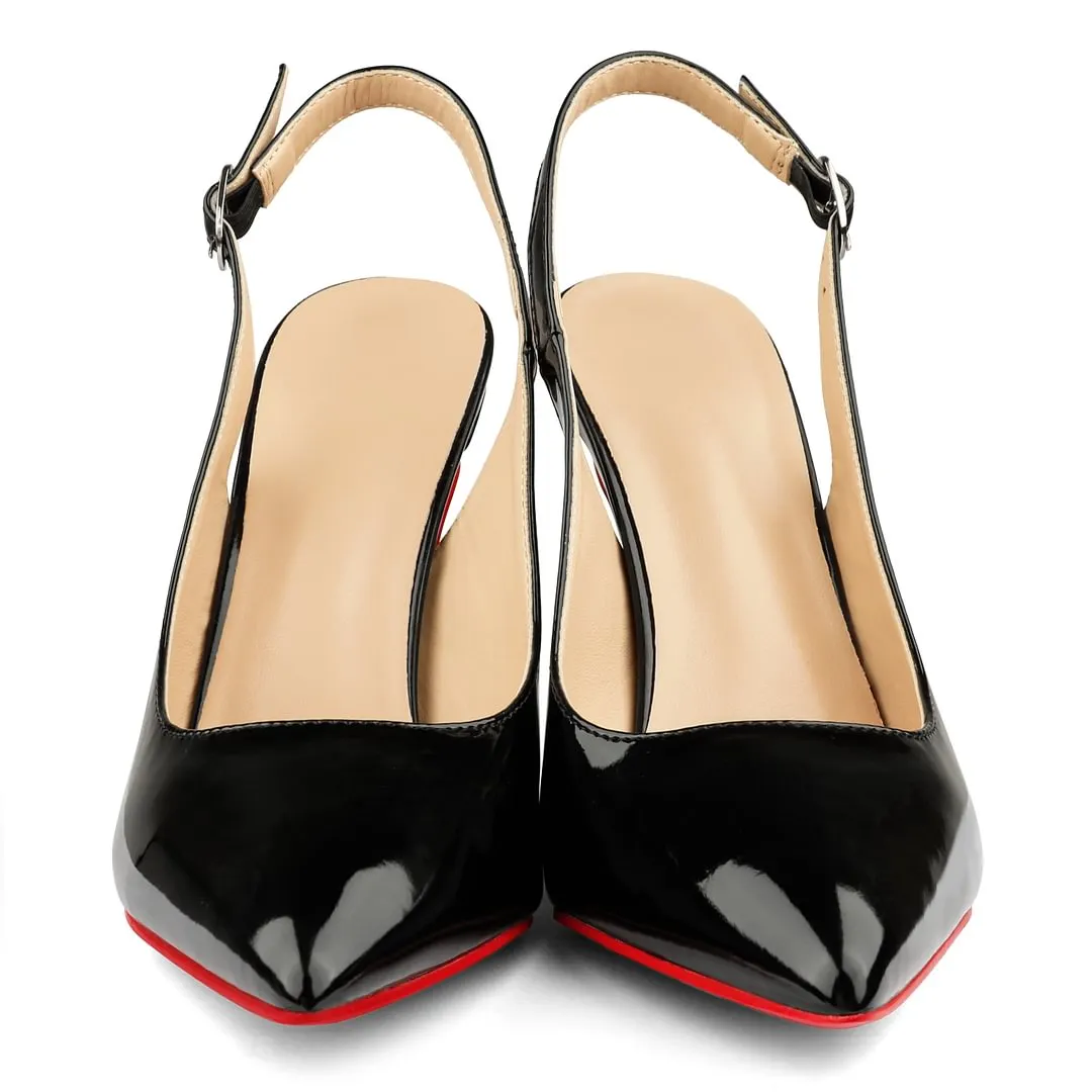 90mm Women's Pointed Toe Slingback Heels Red Bottoms Pumps Comfortable Dress Shoes-vocosishoes