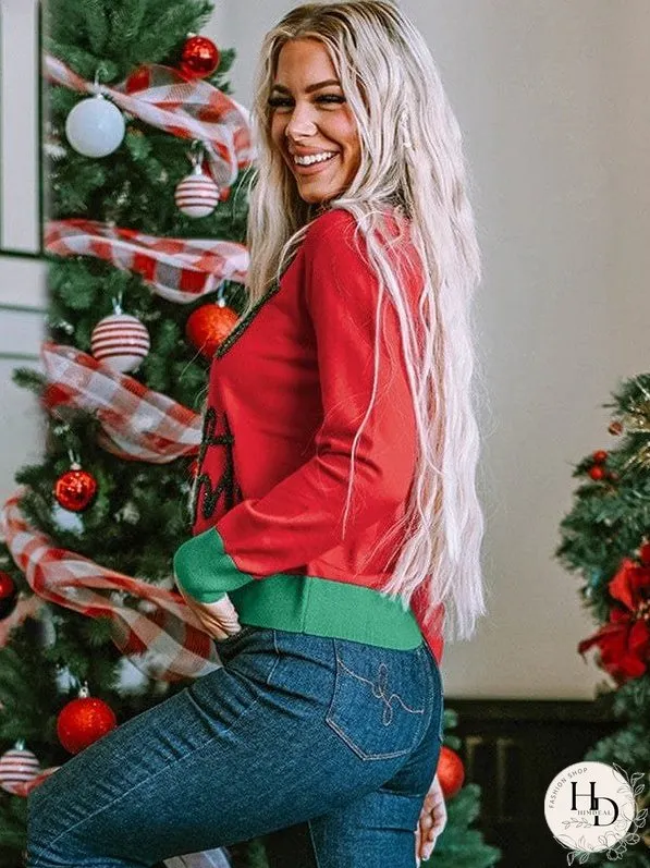 Women'S Casual Christmas Sweater With Letter Print Round Neck Long Sleeve Top