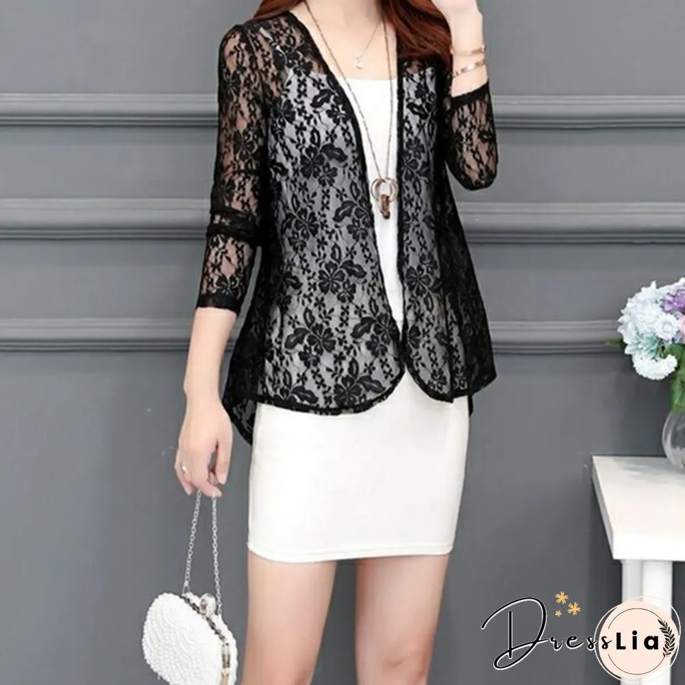 Womens Fashion Lace Cardigans Long Sleeves Solid Color Slim Fit Coat Casual Trench Outwear