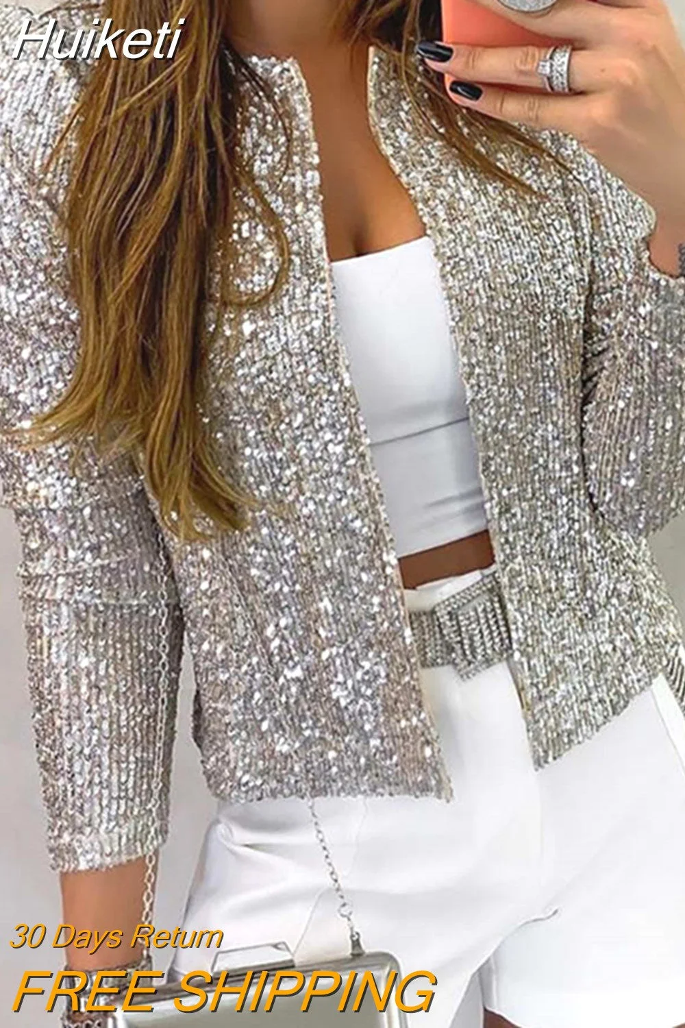 Huiketi Sleeve Open Front Sequin Coat Women Casual Female Jacket Sequin Pearls Buttons Coat O-Neck Out Wear Ladies