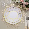 10 Pack | 8" White / Gold Geometric Design Plastic Dessert Plates, Disposable Octagon Salad/Appetizer Party Plates